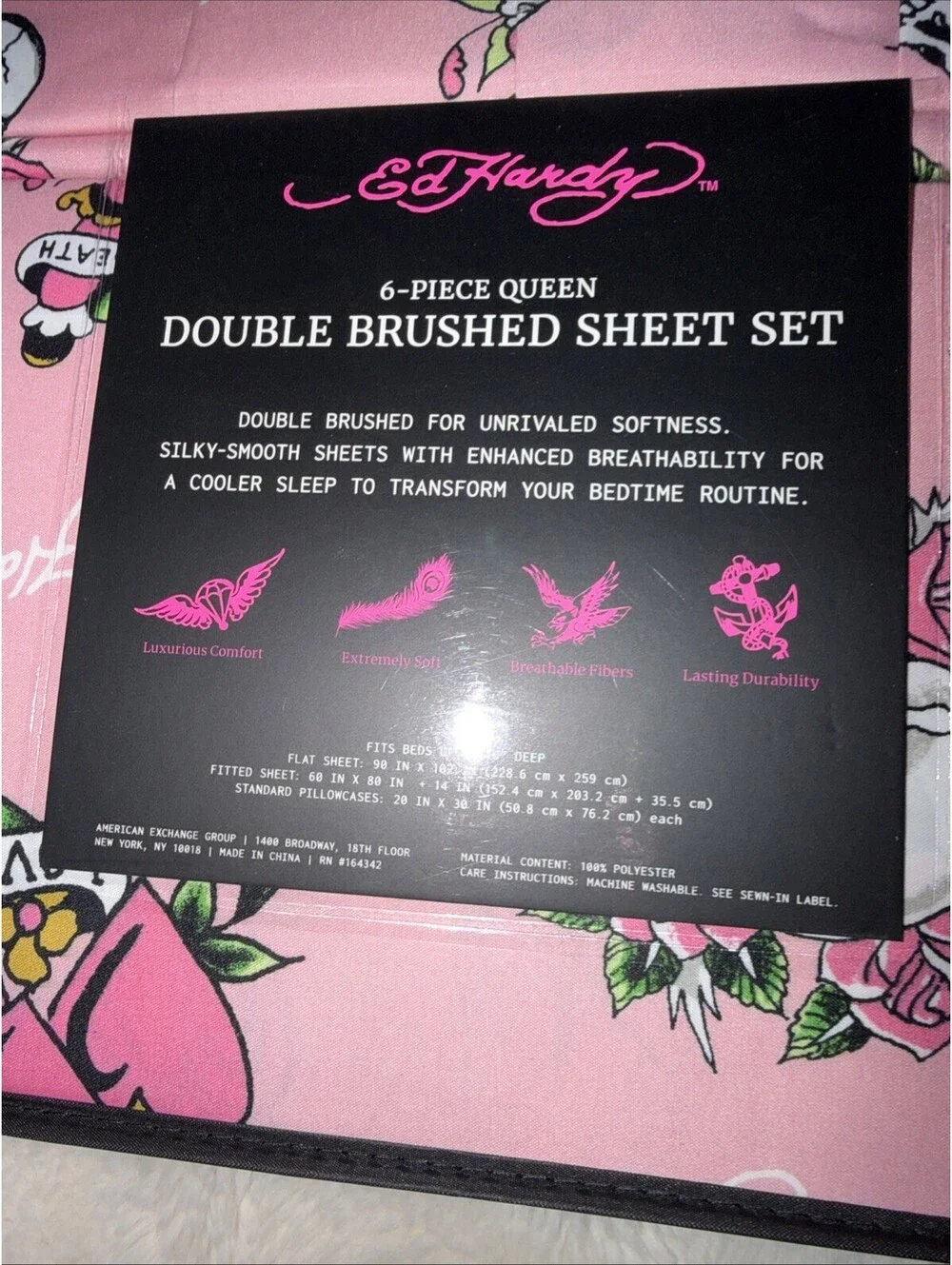 ED HARDY King Pink Sheet Set 6pc New Flowers Skull Roses Heart Grunge Y2K